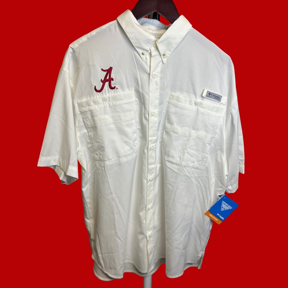 Columbia Shirt Mens L White Alabama Tamiami II PFG Short Sleeve Fishing Crimson
